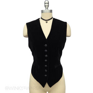 Vintage 90s Black Velvet Vest Size S Button Up V Neck Grunge Goth Gothic Whimsy